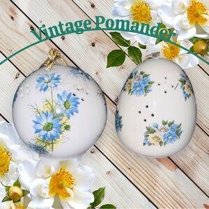 Vintage Ceramic Pomander Sachet Potpourri Floral Blue Yellow Rose 3"